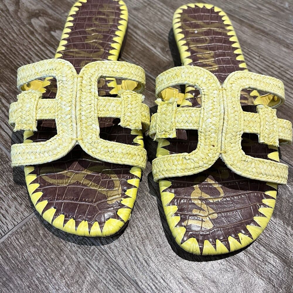SAM EDELMAN Beckie Sandals Womens 10 Yellow Slides Slip On Woven Casual Shoes